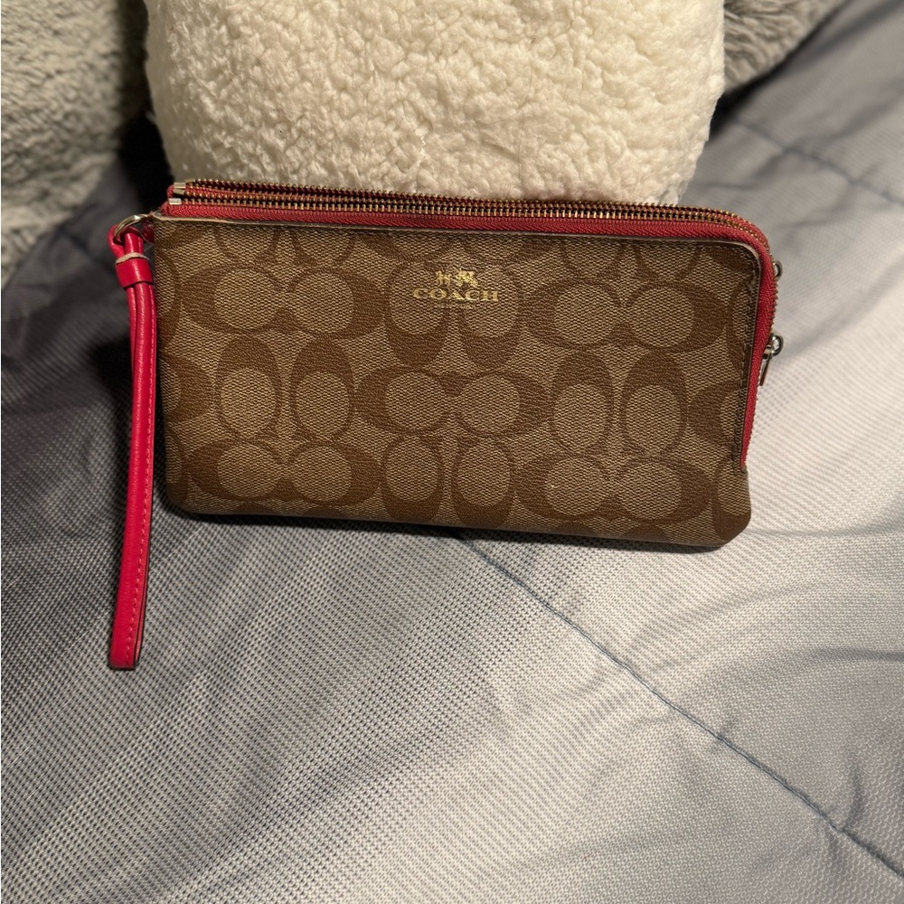 Coach Brown Signature Canvas Wristlet with Pink Trim